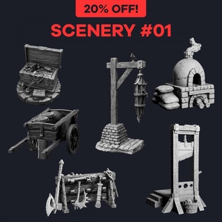 scenery bundle 01 flesh gods gold hanging oven prop terrain treasure weapon cage rack cart chest fireplace scenery guillotine gallows furnace  3d print model - Mito3D