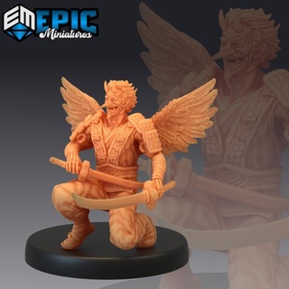 tengu swords winged avian humanoid heavenly samurai warrior japanese mythology epic-miniatures dog fantasy medieval monster rpg warhammer sla enemy tabletop dungeon dnd pathfinder npc pre-supported supported pre 3d print model - Mito3D