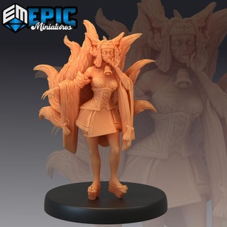 kitsune fox humanoid nine tailed female sorcerer japanese mythology epic-miniatures fantasy medieval monster rpg warhammer sla enemy tabletop dungeon tail 9 dnd pathfinder npc tails pre-supported supported pre 3d print model - Mito3D