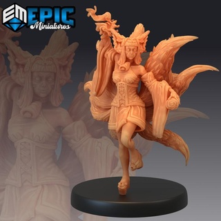 kitsune magic fox humanoid nine tailed female sorcerer japanese mythology epic-miniatures fantasy medieval monster rpg warhammer sla enemy tabletop dungeon tail 9 dnd pathfinder npc tails pre-supported supported pre 3d print model - Mito3D