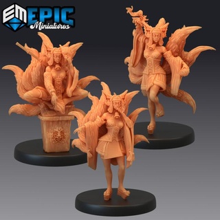 kitsune set fox humanoid nine tailed female sorcerer japanese mythology magic altar epic-miniatures fantasy medieval monster rpg warhammer sla enemy tabletop dungeon tail 9 dnd pathfinder npc tails pre-supported supported pre 3d print model - Mito3D