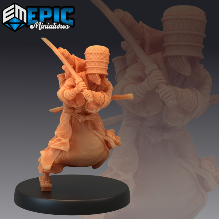 basket monk attacking katana sword master male fighter japanese dynasty epic-miniatures fantasy medieval monster rpg warhammer sla enemy tabletop dungeon dnd pathfinder npc pre-supported supported pre 3D print model - Mito3D