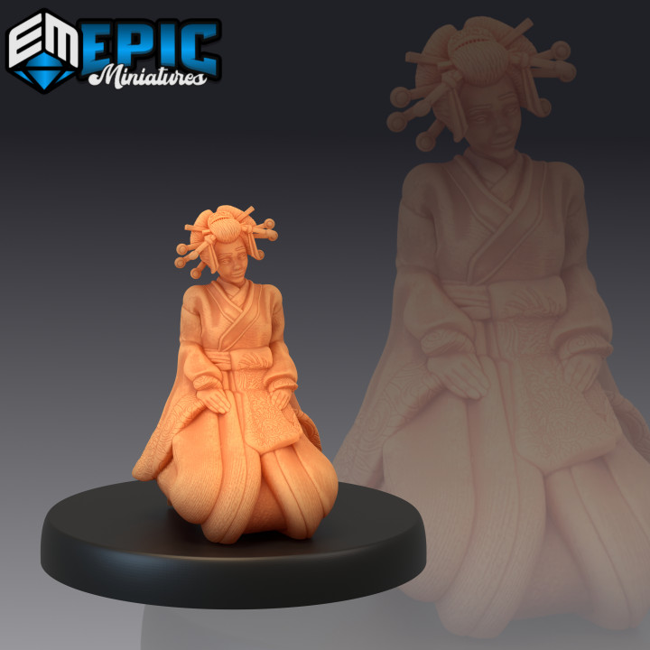 geisha sitting female villager samurai woman japanese dynasty epic-miniatures fantasy medieval monster rpg warhammer sla enemy tabletop dungeon dnd pathfinder npc pre-supported supported pre 3D print model - Mito3D
