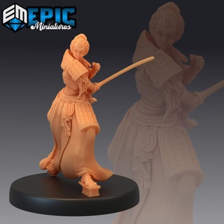 samurai female attacking katana master sword fighter japanese dynasty warrior epic-miniatures fantasy medieval monster rpg warhammer sla enemy tabletop dungeon dnd pathfinder npc pre-supported supported pre 3d print model - Mito3D