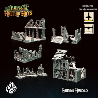 ruined houses - ruins hollow hills crippled god foundry Tabletop 3D Printable Terrain Fantasy fantasy kickstarter rpg terrain wargames dnd scenery pathfinder tabletopgames scatter rubble cgf burned hollowhills cottages 3d print model - Mito3D