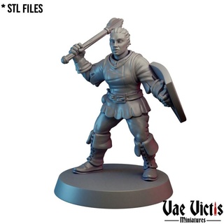 village guard woman 05 pre-supported vae victis miniatures Tabletop Characters & Creatures Fantasy Universe city fantasy rpg shield unit warrior watch mace tabletop dnd 3d print model - Mito3D