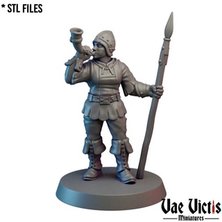 village guard woman 08 pre-supported vae victis miniatures Tabletop Characters & Creatures Fantasy Universe city fantasy rpg unit warrior watch tabletop horn dnd 3d print model - Mito3D