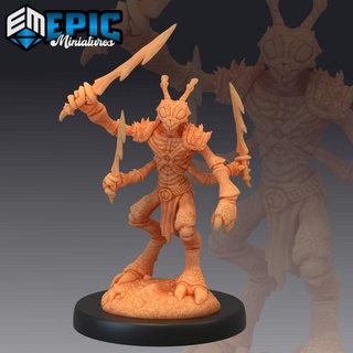 insectoid ant warrior four armed sword fighter insect army epic-miniatures fantasy medieval monster rpg warhammer sla enemy tabletop dungeon dnd pathfinder npc pre-supported supported pre 3d print model - Mito3D