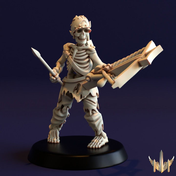 esqueleto terra besta pose 01 triplo pináculo oficina tampo mesa personagens criaturas fantasia universo exército lutador Morto vivo martelo guerra Guerreiro 28mm 32mm arqueiro sigmar pré suporte atirador afiado besteiro suspiro lustriano 3D print model - Mito3D