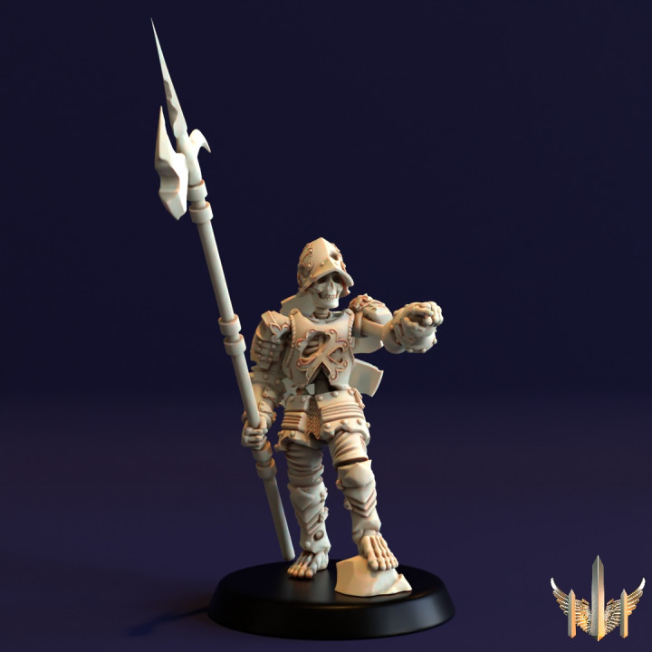 scheletro comandante luccio posa 02 triplicare guglia officina tavolo personaggi creature fantasia universo esercito uomo modulare lancia non morti warhammer guerriero età 28mm alabarda 32mm mercenario sigmar presupport alabardiere rantolo lustro 3D print model - Mito3D