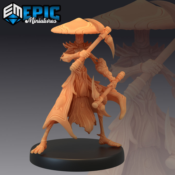 mushroom folk warrior scythe infested fighter forest & swamp guardian epic-miniatures fantasy medieval monster rpg warhammer sla enemy tabletop dungeon fungus dnd pathfinder fungi npc pre-supported supported pre 3D print model - Mito3D