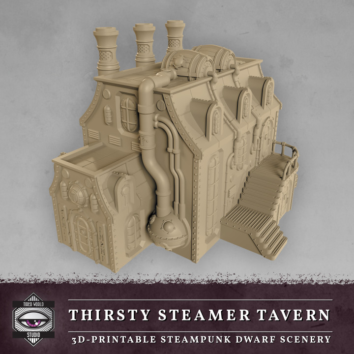 assetato piroscafo taverna stanco mondo studio tavolo 3D stampabile terreno fantasia bar edificio Casa industriale pirata birreria steampunk nano scenario nani Locanda nanerottolo cielo squadra nuvole zilvrenskyhold stancoworldstudio 3D print model - Mito3D