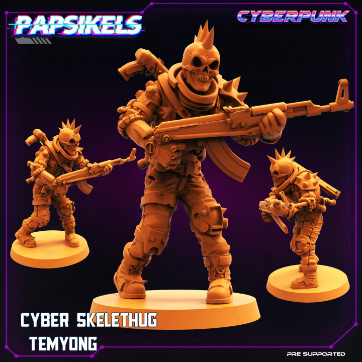 cyber skelethug temyong papsikels miniatures Tabletop Characters & Creatures Sci-Fi Universe army skeleton cyberpunk ak47 3D print model - Mito3D