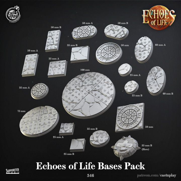 echoes life bases pack pre-supported cast n play characters hero custom base 50mm egipt 100mm 25mm basing 1in 3D print model - Mito3D