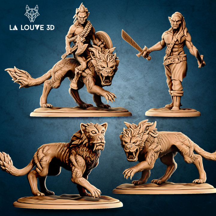 orcs saber toothed tigres louve 3d table personnages créatures fantaisie univers hache créature monstre orc rpg tigre personnage épée dnd 32mm jdr demi 3D print model - Mito3D