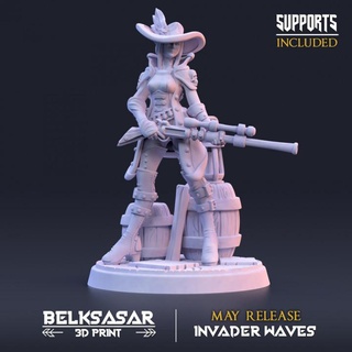 sniper deep sea hawkeye lieutenant belksasar 3dprint Tabletop Characters & Creatures Fantasy Universe hat boots pirate skull wood rifle corset bullet gloves barrel ammunition feather leather womens straps corsair musket overcoat shoulderpad 3d print model - Mito3D