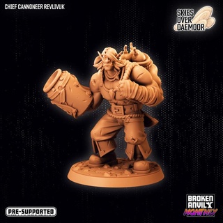 skies daemoor - chief cannoneer revlivuk broken anvil miniatures Tabletop Characters & Creatures Fantasy Universe cloud pirate steampunk cannon tabletop dnd bombs tabletopgames ttrpg tusks 3d print model - Mito3D