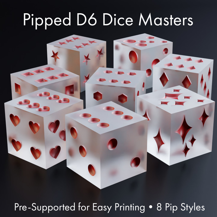 dice masters - sharp-edged pipped d6 set - 8 pip styles - pre-supported theargentrose  Tabletop Tabletop accessories dice boardgames roleplaying tabletop d6 roleplayinggames dicemasters sharpdice pipped masterdiceset diydice  3D print model - Mito3D