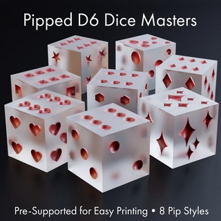 dice masters - sharp-edged pipped d6 set 8 pip styles pre-supported theargentrose Tabletop accessories boardgames roleplaying tabletop roleplayinggames dicemasters sharpdice masterdiceset diydice 3d print model - Mito3D