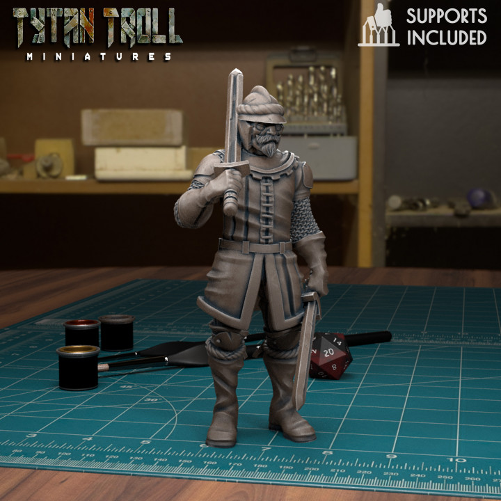 mercenary landskencht 2 soldier 01 pre-supported tytantroll miniatures army dragons dungeons fantasy mini scale german dnd merc 32mm gloomhaven frosthaven landschneckt 3D print model - Mito3D
