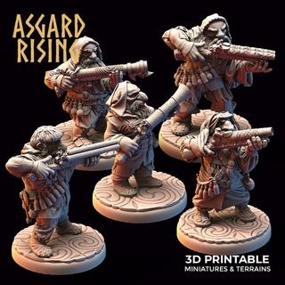 dwarf ranged dwarves hooded clothes firearms short barrels modular pre-supported asgard rising miniatures 3d stl fantasy hobby rpg warrior character miniature infantry firearm tabletopgames warband asgardrising 3d print model - Mito3D