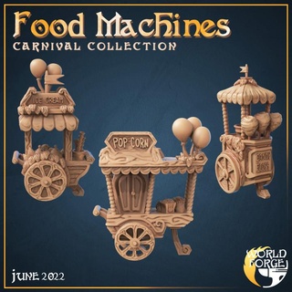 carnival food carts x3 world forge miniatures Tabletop 3D Printable Terrain Fantasy cafe candy fantasy machine props popcorn cart dnd ice-cream catering 3d print model - Mito3D