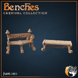 carnival benches x2 world forge miniatures Tabletop 3D Printable Terrain Fantasy fantasy prop terrain bench seat seating wooden dnd scenery 3d print model - Mito3D