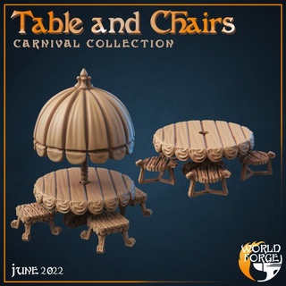 carnival picnic area world forge miniatures Tabletop 3D Printable Terrain Fantasy eating fantasy food furniture table props umbrella parasol seating dnd stools bences 3d print model - Mito3D