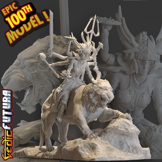 Durga diosa guerras fuerza proteccion 100th modelo védico futura mesa caracteres criaturas fantasía universo Dios hindú India Tigre guerrero mujer ciencia ficción indio hinduismo ligre devi 3d print model - Mito3D