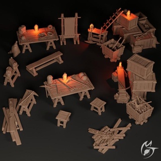 iron mine objects props making tlon Tabletop 3D Printable Terrain Fantasy bag lever stool table terrain tool miner bench map cart asset ladder scenery crate pickaxe coal scatter waterskin 3d print model - Mito3D