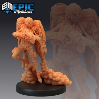 jetpack girl susi rifle female human soldier steampunk tech character epic-miniatures fantasy medieval monster rpg warhammer sla enemy tabletop dungeon dnd pathfinder npc pre-supported supported pre 3d print model - Mito3D