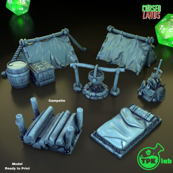 acampamento espalhar terreno tpk laboratório miniaturas rpg miniatura tampo mesa barril barraca d equipamento cenário caixote ttrpg Fogueira lenha capmsite saco dormir 3D print model - Mito3D