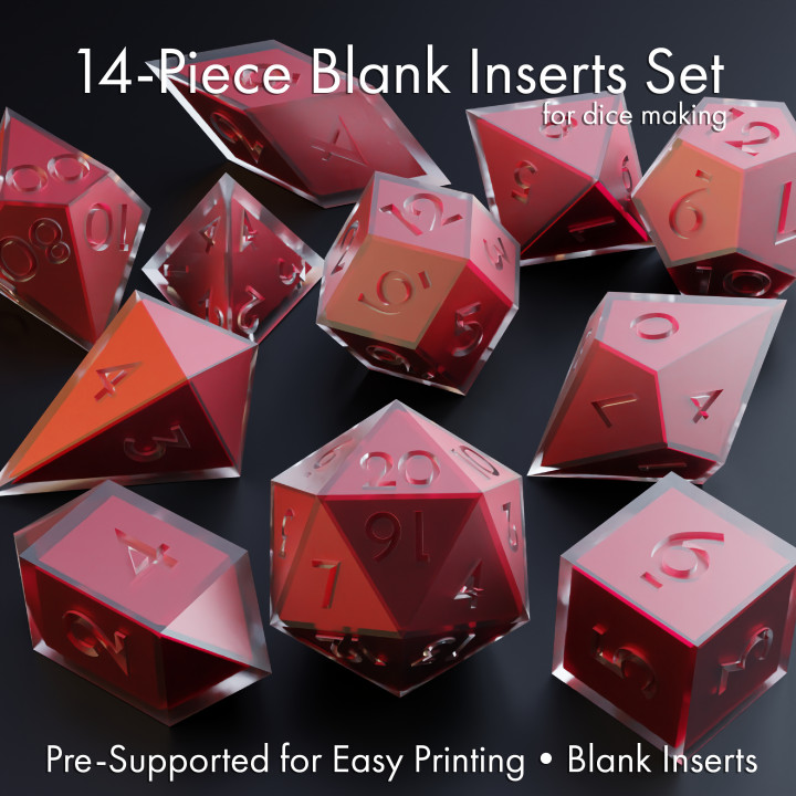 blank inserts set sharp-edged dice - 14 shapes - supports included theargentrose  Tabletop Tabletop accessories dice boardgames roleplaying tabletop roleplayinggames dicemasters polyhedral masterdiceset diydice polyhedrals diceblanks blankinserts shelldice diceshells  3D print model - Mito3D