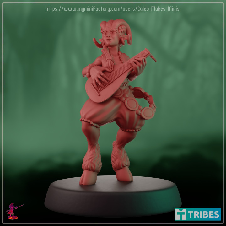 lute playing Satyr pre supported feywild Serie 2022 Caleb Minis Tischplatte Zeichen Kreaturen Fantasie Universum Drachen Dungeons weiblich Gitarre Rollenspiel Ziege Pfanne Hörner Verliese Faun dnd Kitz Pfadfinder Laute Barde ttrpg 5e 3D print model - Mito3D