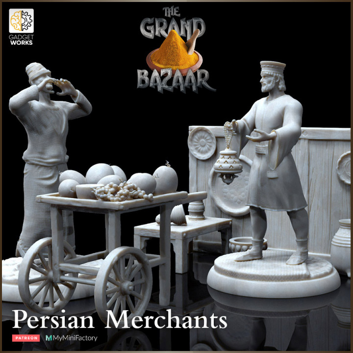 2 persa comerciantes mercancías grandioso bazar artilugios mesa caracteres criaturas fantasía universo antiguo miniaturas comerciante mercado Persia npc puesto npcs 3D print model - Mito3D