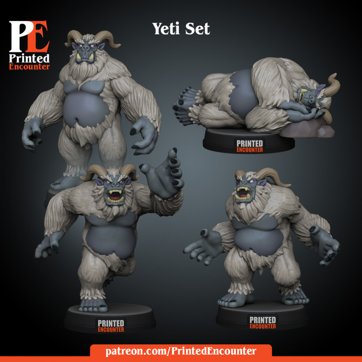 yeti ensemble imprimé rencontre table personnages créatures fantaisie univers mini rpg bonhomme neige miniature dnd ttrpg abominable sasquach 3D print model - Mito3D