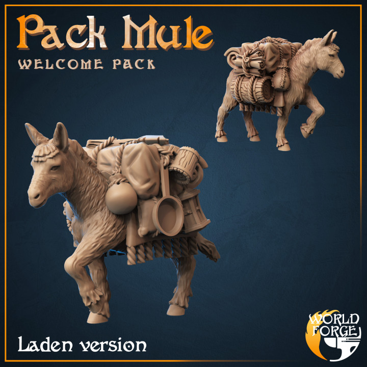 pack mule chargé vide versions monde forger miniatures table personnages créatures fantaisie univers animal âne aventure dnd Provisions PNJ camp 3D print model - Mito3D