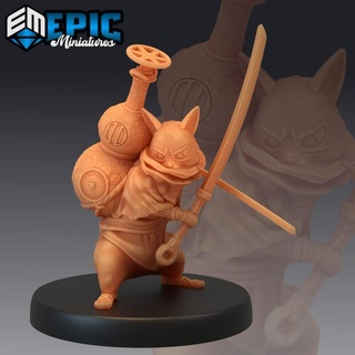 wandering neko fighting sword cat steampunk tech battle animal epic-miniatures fantasy medieval monster rpg warhammer sla enemy tabletop dungeon dnd pathfinder npc pre-supported supported pre 3d print model - Mito3D