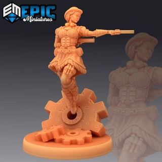 gunner dorothy shooting female human soldier steampunk tech character epic-miniatures fantasy medieval monster rpg warhammer sla enemy tabletop dungeon dnd pathfinder npc pre-supported supported pre 3d print model - Mito3D