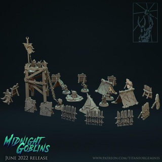 midnight goblins terrain titan forge miniatures city fence forest fire banner village cave tent fortress camp 3d print model - Mito3D