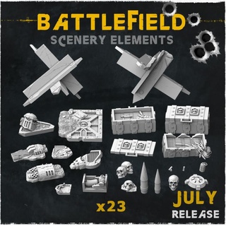 battlefield - scenery elements july release zabavka workshop Tabletop 3D Printable Terrain Sci-Fi terrain box sleeve topper weapon projectile bullet ruins bases details fencing 3d print model - Mito3D