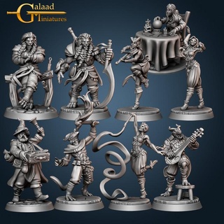 festival artists performers galaad miniatures Tabletop Characters & Creatures Fantasy Universe dragon female fighter human mini music party roleplay rpg miniature male dancer carnival tabletop wargame dungeon tiefling fortune bard bodyguard leonin 3d print model - Mito3D