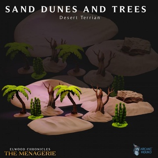 Wüste Bäume Sand Dünen Unterstützung frei arkan hetzen Tischplatte 3D druckbar Terrain Fantasie Umgebung Miniaturen Baum Kaktus tot Düne Palme streuen ttrpg Sanddüne 3d print model - Mito3D
