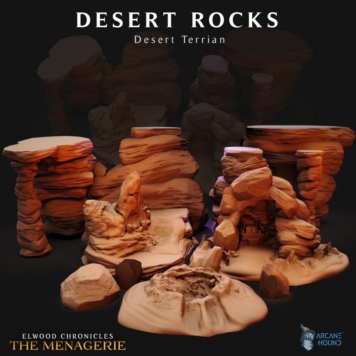 Desierto rock haz apoyo gratis arcano sabueso mesa 3D imprimible terreno fantasía fdm miniaturas arena gusano soporte libre plataforma arco dispersión ttrpg 3D print model - Mito3D