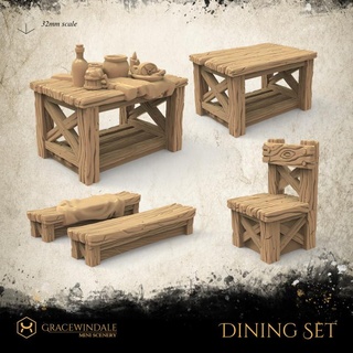 dining set ii gracewindale mini scenery Tabletop 3D Printable Terrain Fantasy chair dinner furniture prop table terrain props miniature bench tabletop diorama d&d 28mm dnd cottage 32mm tavern 3d print model - Mito3D