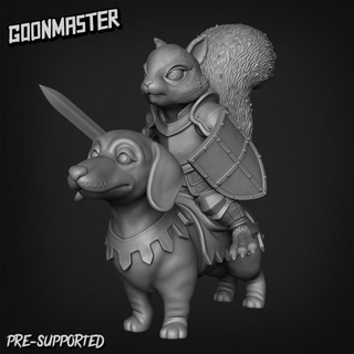 dachshund cavalry squirrel rider 1 goon master Tabletop Characters & Creatures Fantasy Universe animal cute knight medieval mount red shield sword wargaming miniature tabletop paladin grey dnd anthropomorphic sausagedog redwall 3d print model - Mito3D