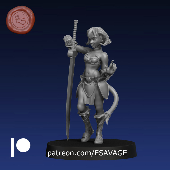 bella tiefling barbaro 32mm dnd ethantsavage fan arte tavolo personaggi creature carina fantasia ragazza grande spada presupposto 3D print model - Mito3D