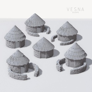 calcul huttes chaume toits Vésna sculpte table 3D imprimable terrain fantaisie bâtiment cabane village dnd paysage ttrpg 3d print model - Mito3D