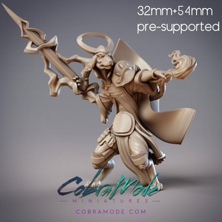 gerlonus okamian canine battle mage pre-supported cobramode Tabletop Characters & Creatures Fantasy Universe dog hound magician sword wind fire staff caster cape elemental lightning sorceror dogfolk supported enueru canus 3d print model - Mito3D
