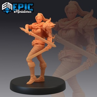 female assassin swords sneaky rogue brave fighter human headhunter epic-miniatures fantasy medieval monster rpg warhammer sla enemy tabletop dungeon dnd pathfinder npc pre-supported supported pre 3d print model - Mito3D